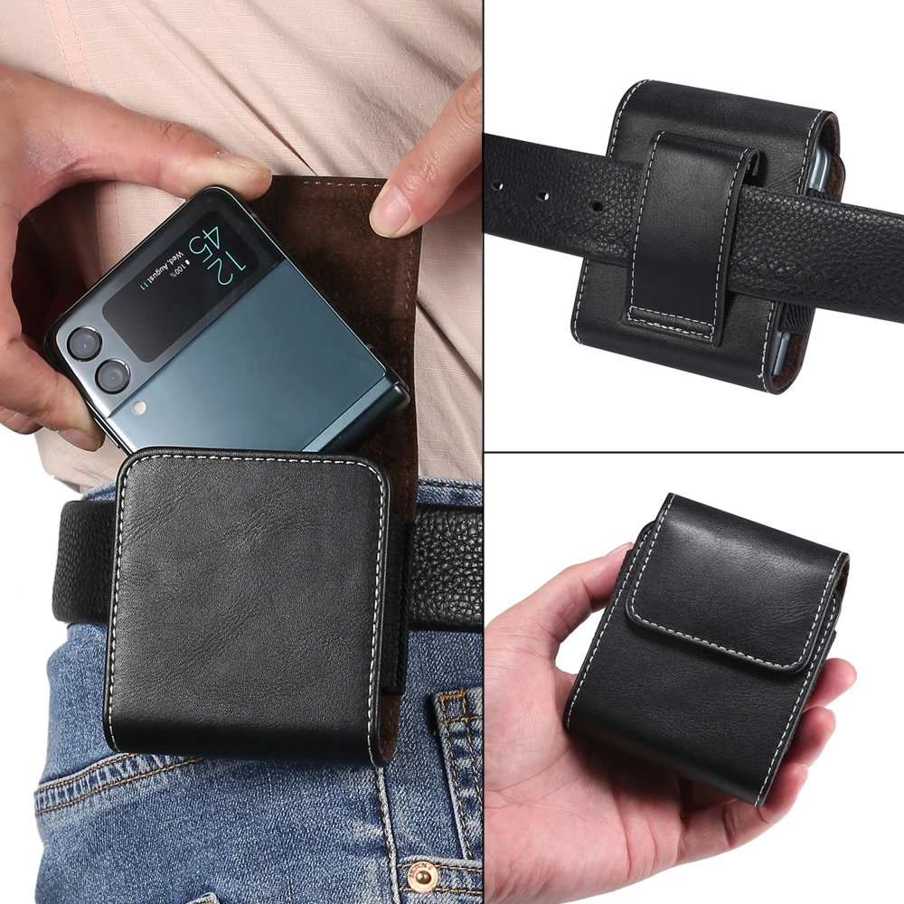 Leather Belt Clip Case Men Waist Bag For Samsung Galaxy Z Flip 5 4 3 5G OPPO VIVO Huawei P50 Pocket Holster Pouch Leather Cover