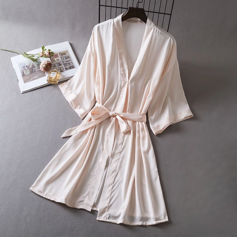 V-Neck Bathrobe Sleep Dress Ice Silk Nightdress Robe Women Nightgown Home Clothing Summer Kimono Sleepwear Dressing Gown
