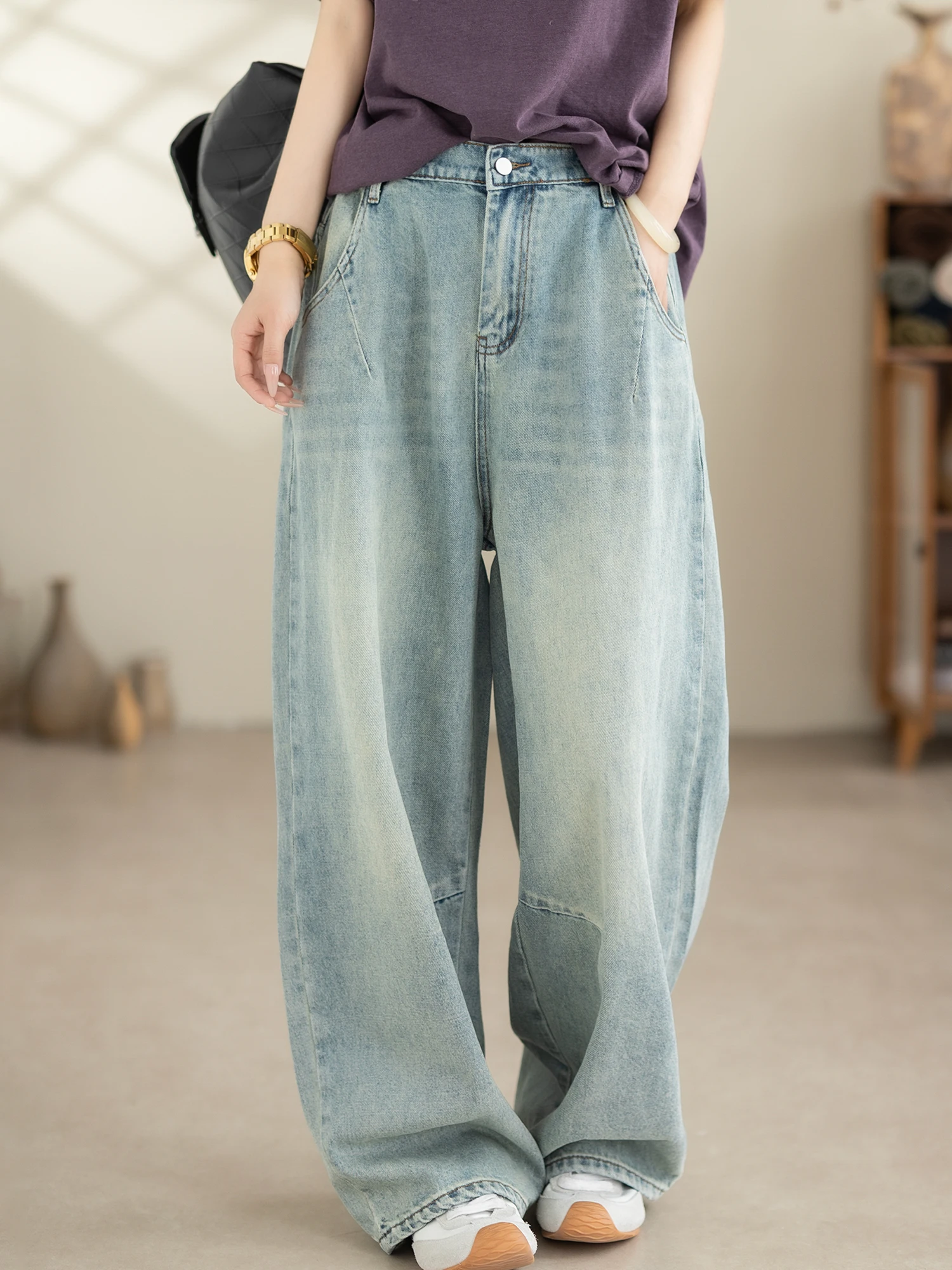 

Джинсы в американском стиле из выцветшего денима с высокой талией, свободные широкие брюки, утягивающие брюки-клеш, брюки в пол для женщин