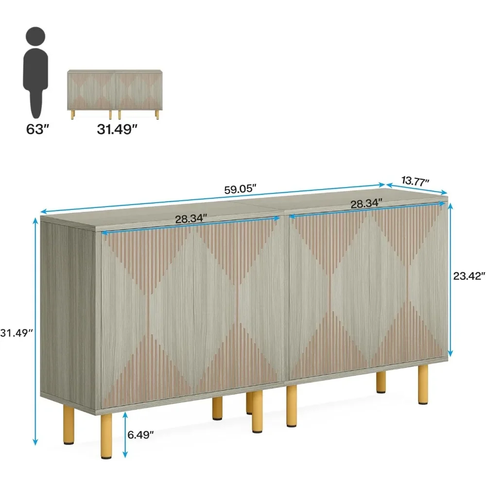 Modern Grey Storage Cabinet Set, Freestanding Floor Cabinet, Classic 59 inches Sideboard, Wood Buffet Cabinet with Doors