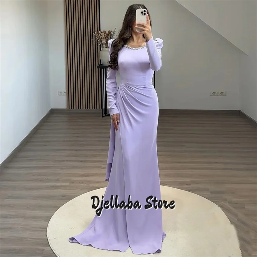 

Скромное вечернее платье на заказ, лавандовое платье с овальным вырезом и кристаллами, с длинными рукавами, со шлейфом, халат De Soiree, вечерние платья, платье для выпускного вечера