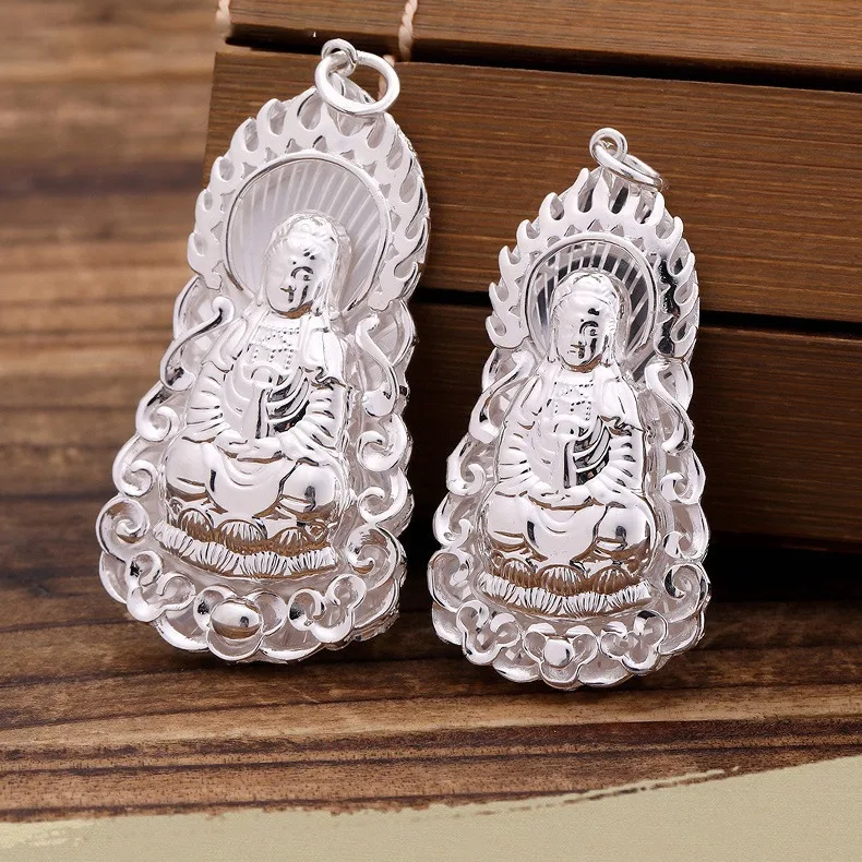 S999 Sterling Silver Guanyin Buddha Pendant Buddhist Necklace