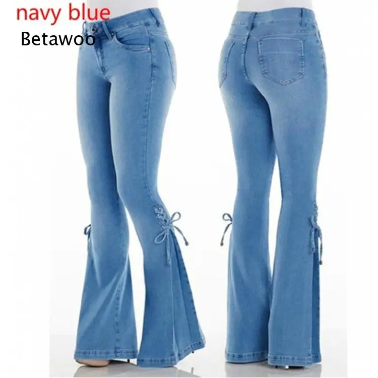Women's High Waist Stretch Denim Flare Pants with Lace-Up Side Detail, Casual Slim Fit Bell-Bottom Jeans in Navy Blue Black