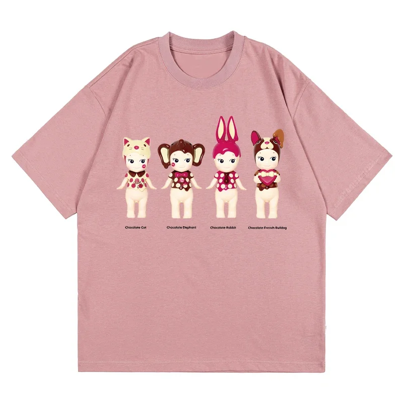 Unisex Men Children Clothes Comfy Soft Black Valentine Doll Graphic Tops Cute Pink Print Tees Sonny Angel Cotton T-shirt