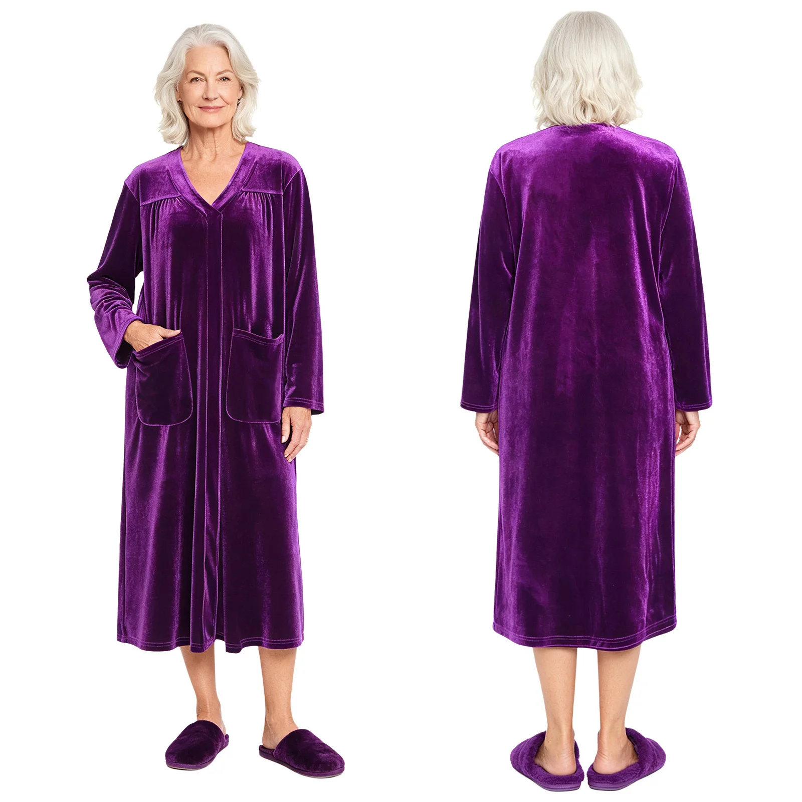 Women Adaptive Warm Velvet Robe Elderly Special Needs Nightgown Press Button Shoulder Open Back Nightdress Bathrobe with Pockets