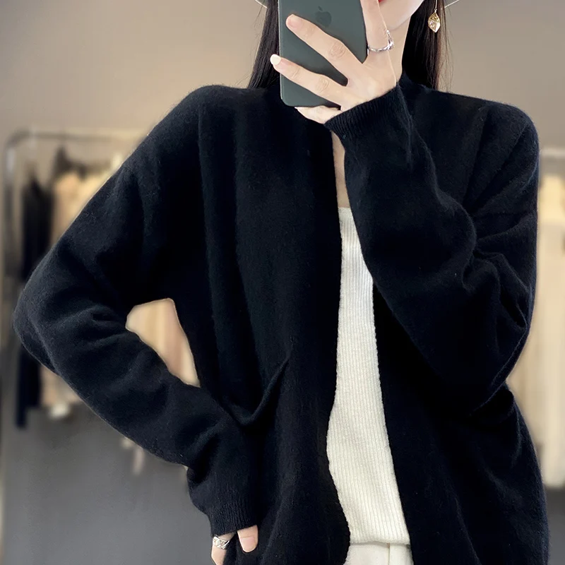 High quality women\'s cashmere cardigan sweater Coat Spring and Autumn cashmere fashion V-neck knitted  loose sweater coat