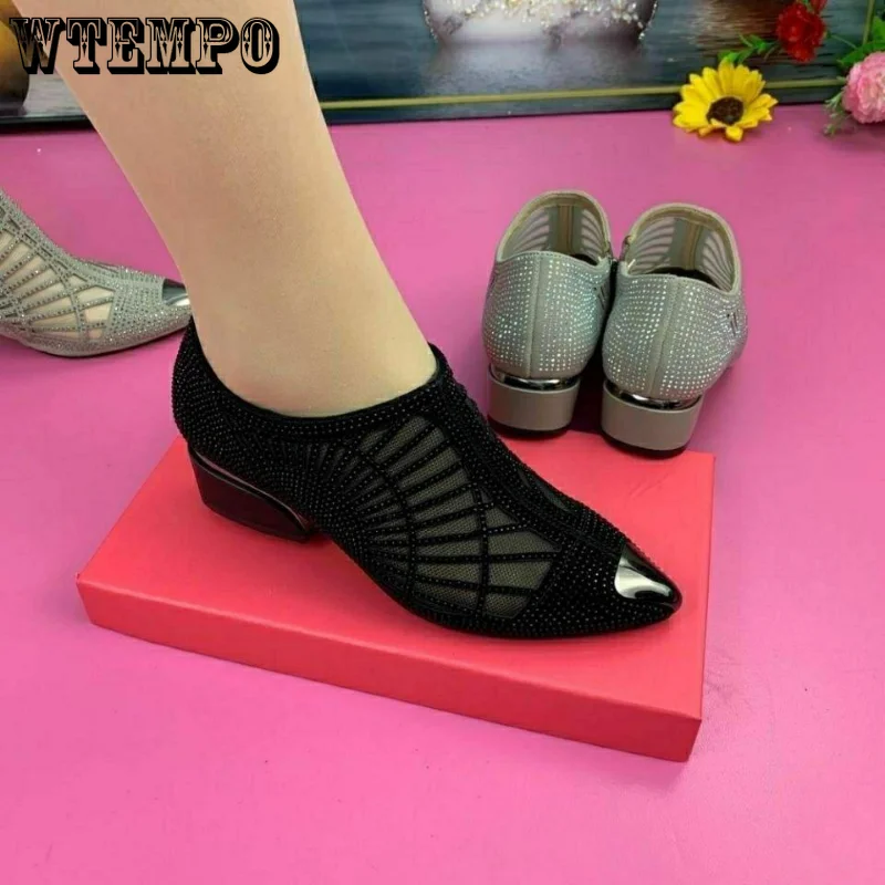 Soft Leather Mesh Sandals Hollow Water Diamond Pointed Toe Shallow Mouth Slip-on Low Heeled Women Boots Commuting Spring Autumn