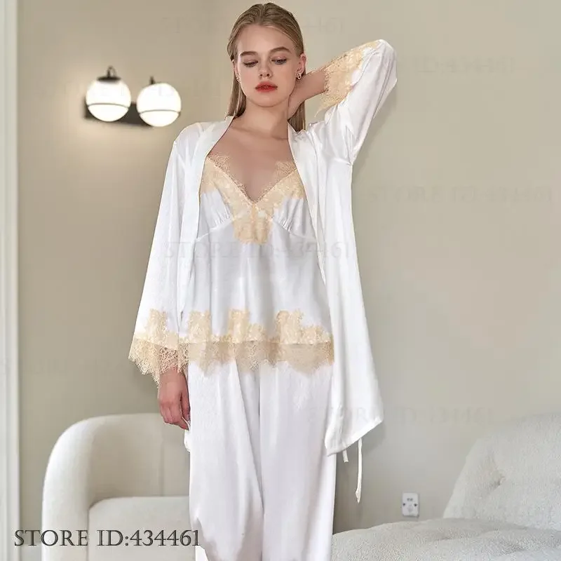 Primavera Autunno Nuovo Femminile 3PCS Pigiama Set Indumenti Da Notte Sexy Accappatoio di Pizzo Pigiama Vestito Allentato Casual Indumenti Da Letto In Raso Vestiti Per La Casa
