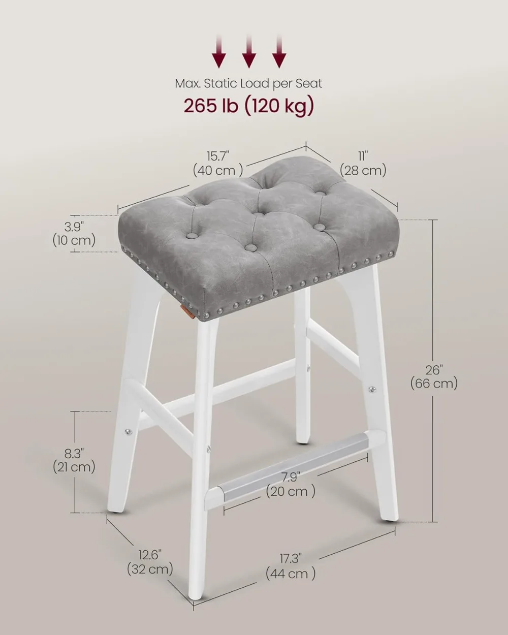 Juego de 2 taburetes de bar, taburetes de bar con sillín de altura de mostrador, taburetes de cocina sin respaldo de 26 pulgadas con patas de madera, cuero PU engrosado