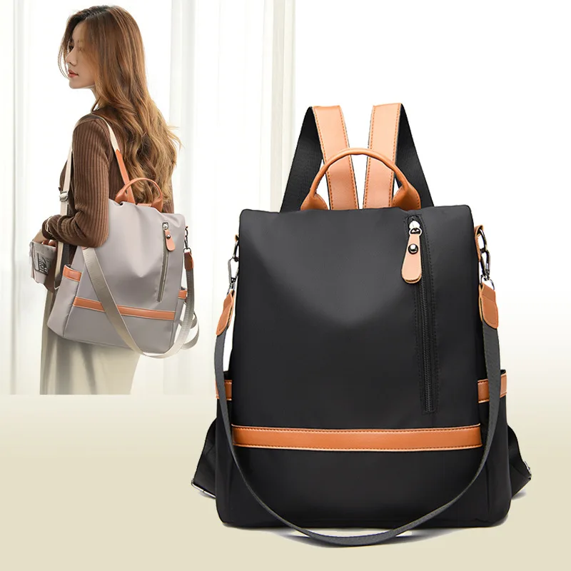 PU leather color-blocking spliced women's backpack, large-capacity travel computer backpack, hand-held shoulder bag
