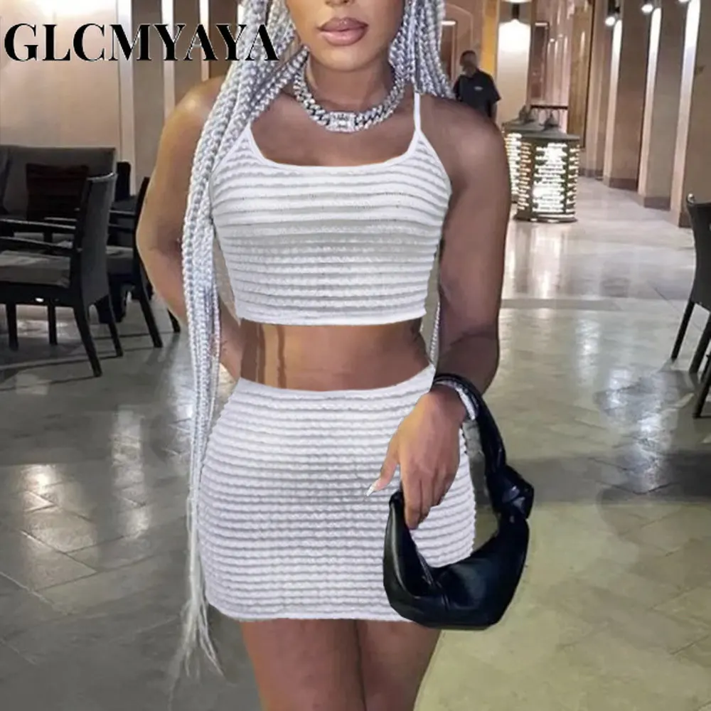 GLCMYAYA Casual Women Knitting Jacquard Hollow Out Zipper Sleeveless Tee Tops Dress Sets 2023 Sexy Party Skirts Set 2 Piece Set