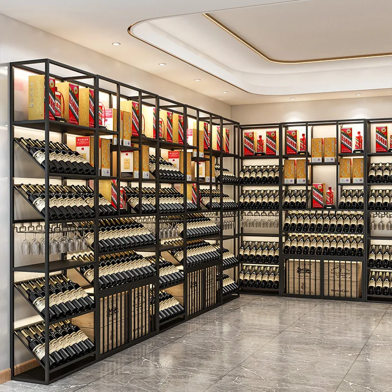 Winery Light Luxury Wrought Iron  Rack Bar Floor-to-ceiling  Cabinet Red  Storage Display Rack Glass Rack