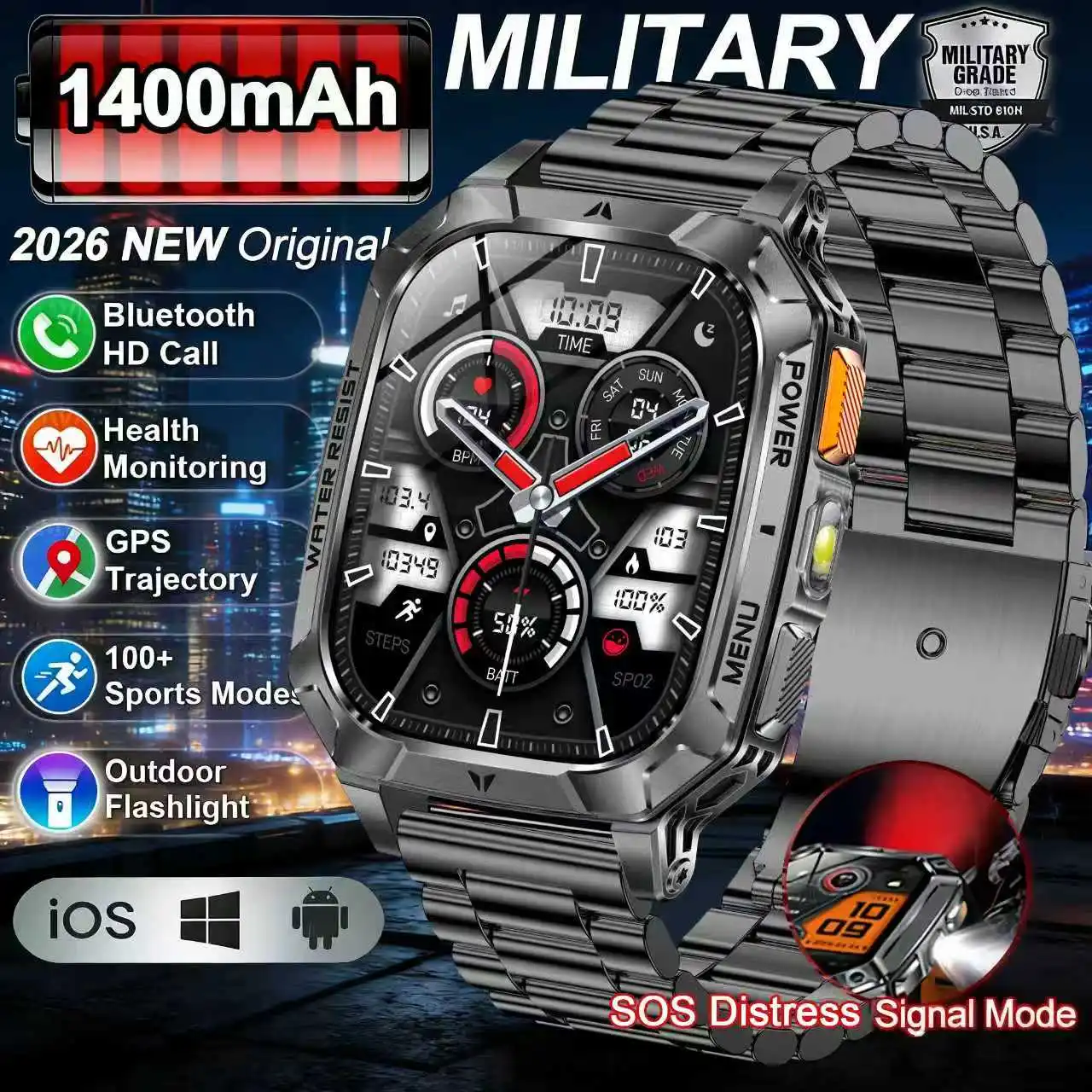 

Новые смарт-часы 2026 года с аккумулятором 1400 мАч, AMOLED-экраном 2,01 дюйма, GPS-трекером, водонепроницаемостью 10ATM, функцией SOS-вызова и фонариком для мужчин