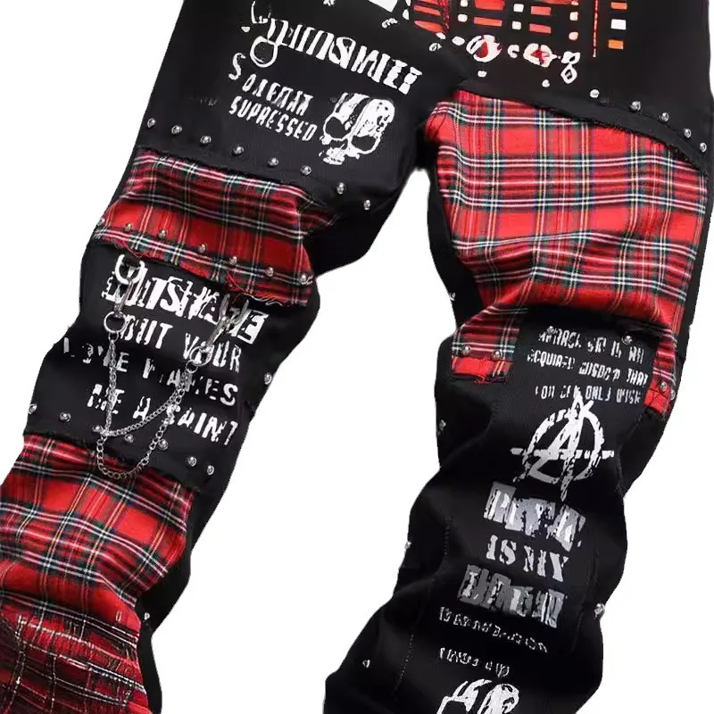 Men's Y2K Gothic Ripped Skinny Jeans Punk Rivet Patch Black Denim Pants Skull Letters Printed Slim Straight Trousers - Image 4