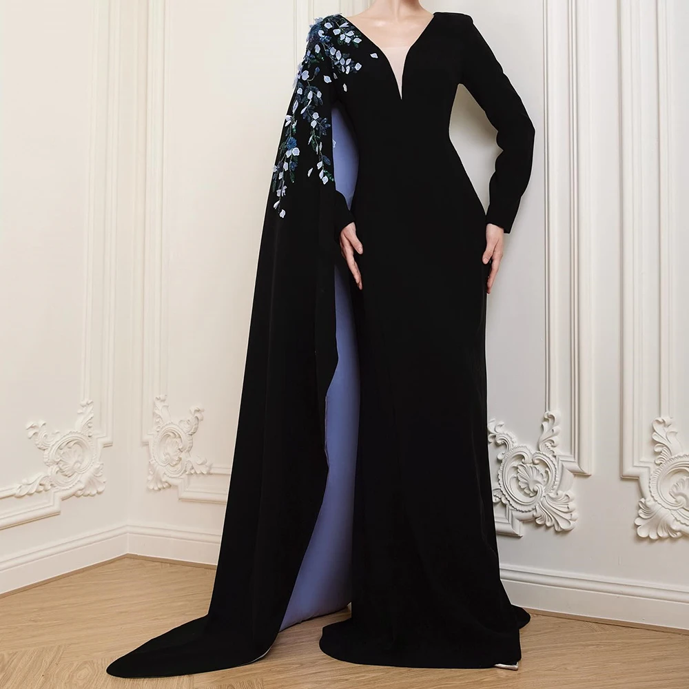

Customized A-line Evening Dresses Floor-length V-neck Full Sleeve Prom Gown Fashion Flowers Stole Simple Draped Party Gown