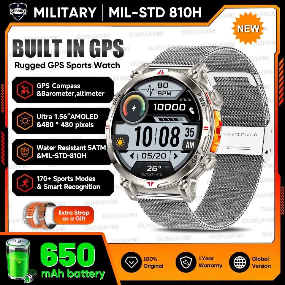 2025 New Military T-Rex3 GPS Smart Watch 5ATM Waterproof 650mAh Battery Heart Rate Compass AI GPT Sports tracker Smartwatch Men