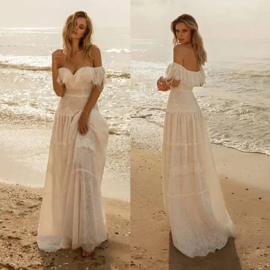 

Lace Stylish Beach Wedding Dresses Off The Shoulder Neck Bohemian Bridal Gowns Tassel Floor Length A Line Robe De Marie