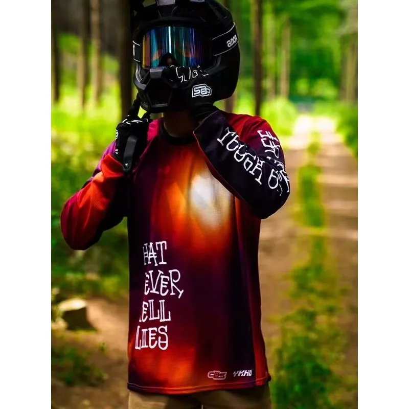 

Летний спортивный тренд, внедорожный мотоцикл, мужской дышащий, быстросохнущий, с короткими рукавами и принтом, с круглым вырезом и длинными рукавами