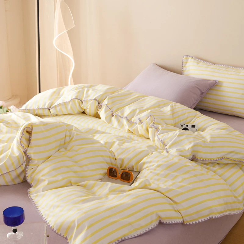 Yellow Stripe Bedding Sets Quilt Cover Bed Flat sheet Pillowcase Full Queen Bed Linen Adult Kids Duvet Covers No Filling