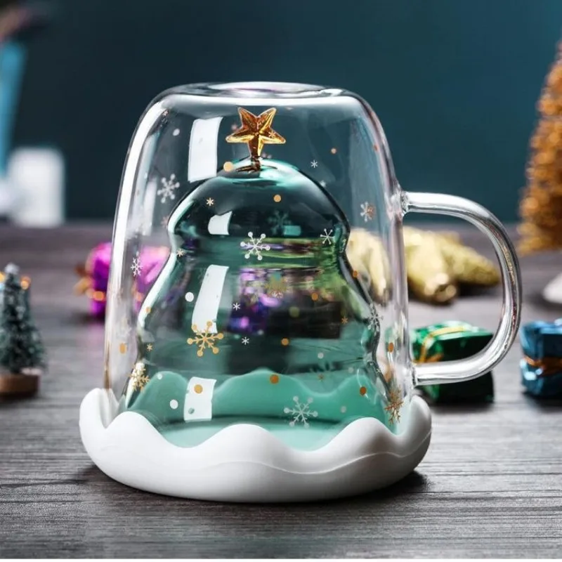 2023 Creative Christmas Mug Glass Christmas Tree Star Cup High Temperature Double Water Cup Party Xmas Gifts Glass With Lid