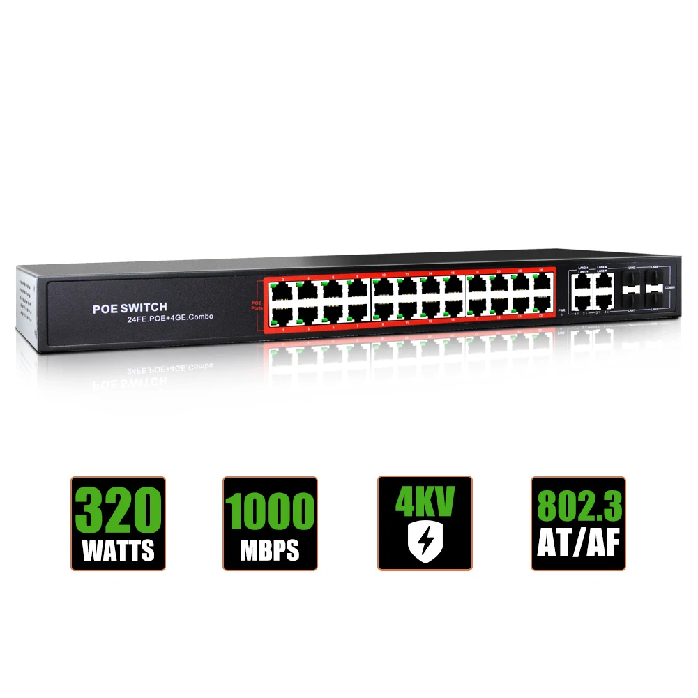 

OEM/ODM AI PoE switch with 24 Gigabit POE port + 2 Gigabit uplink 2SFP 802.3af/at network switch for IP cameras