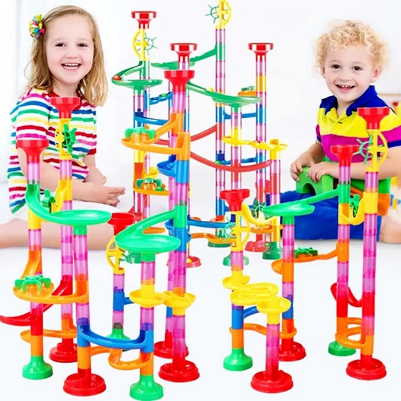 93/113pcs Set DIY Construction Marble Run Race Track Building Blocks Kids 3D Maze Ball Roll Toys Children Christmas Gift