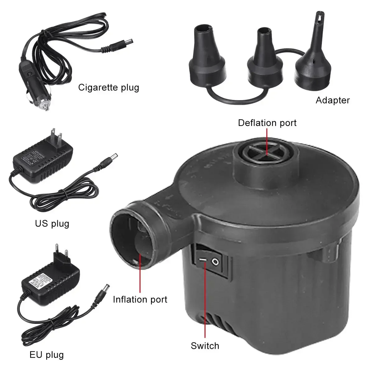 Electric Air Pump Portable Air Mattress Pump 12V with 3 Nozzles Quick-Fill Inflator Deflator for Swimming Pools Inflatable Bed