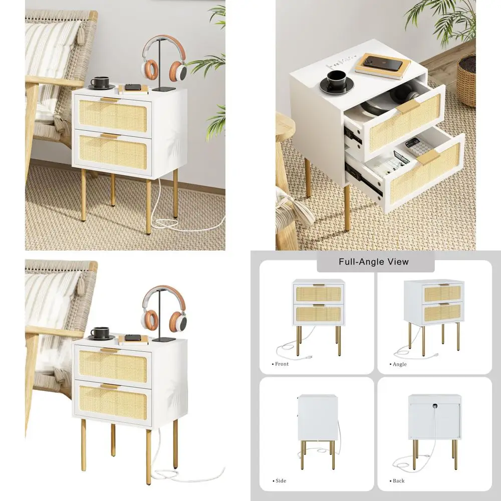 

Bedroom Rattan Nightstand with 2 Drawers and Charging Station, Gold Framed End Table for Living Room