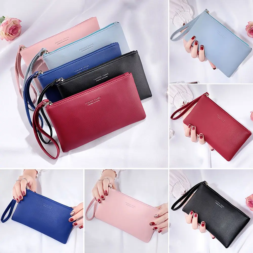 Wristlet PU Leather Zip Pouches Wallet Long Purse Coin Bag