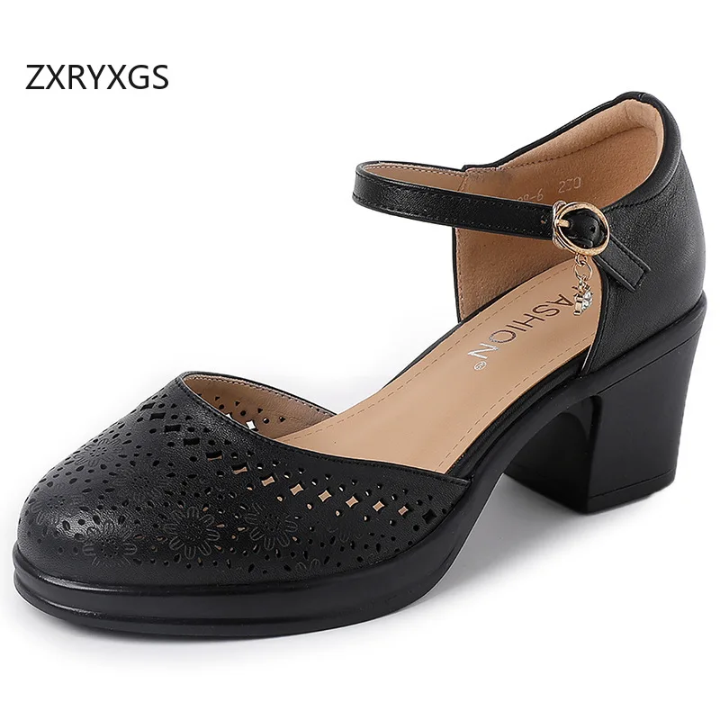 ZXRYXGS Top Layer Cowhide Comfort Round Toe Sandals Thick Mid Heel Sandals 2024 Summer Leather Shoes Women Large Size Sandals