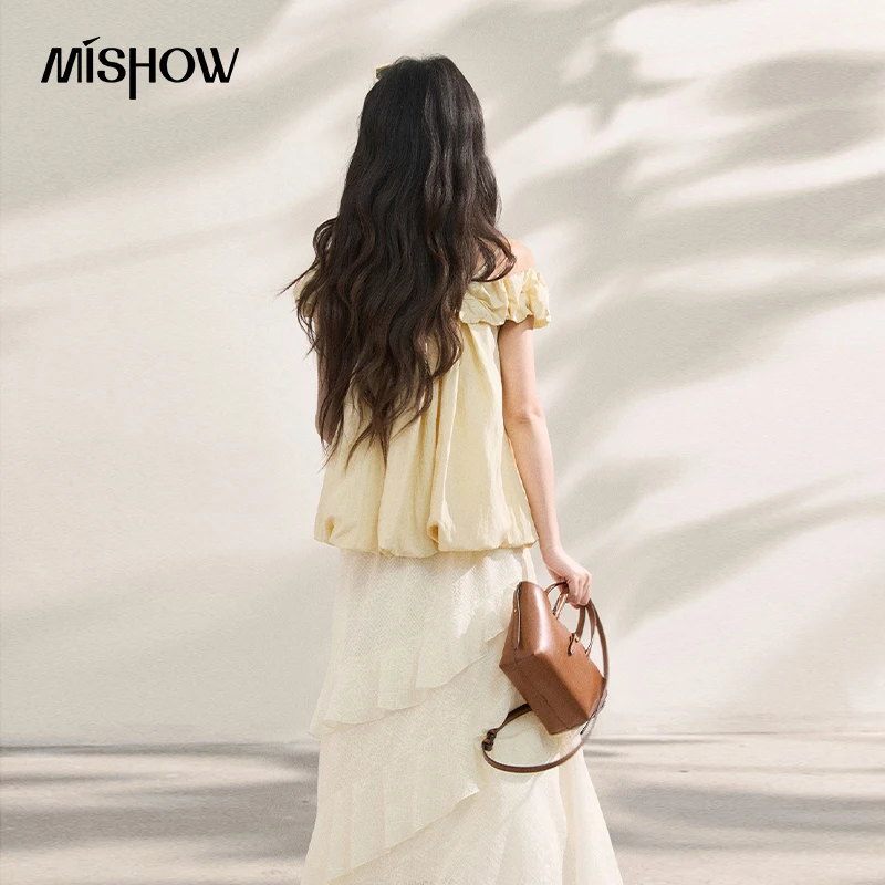 MISHOW Women Ruffle Off Shoulder Blouse Summer 2026 New French Style Retro Shirt Flower Bud Loose Short Tank Top MXF22X2606