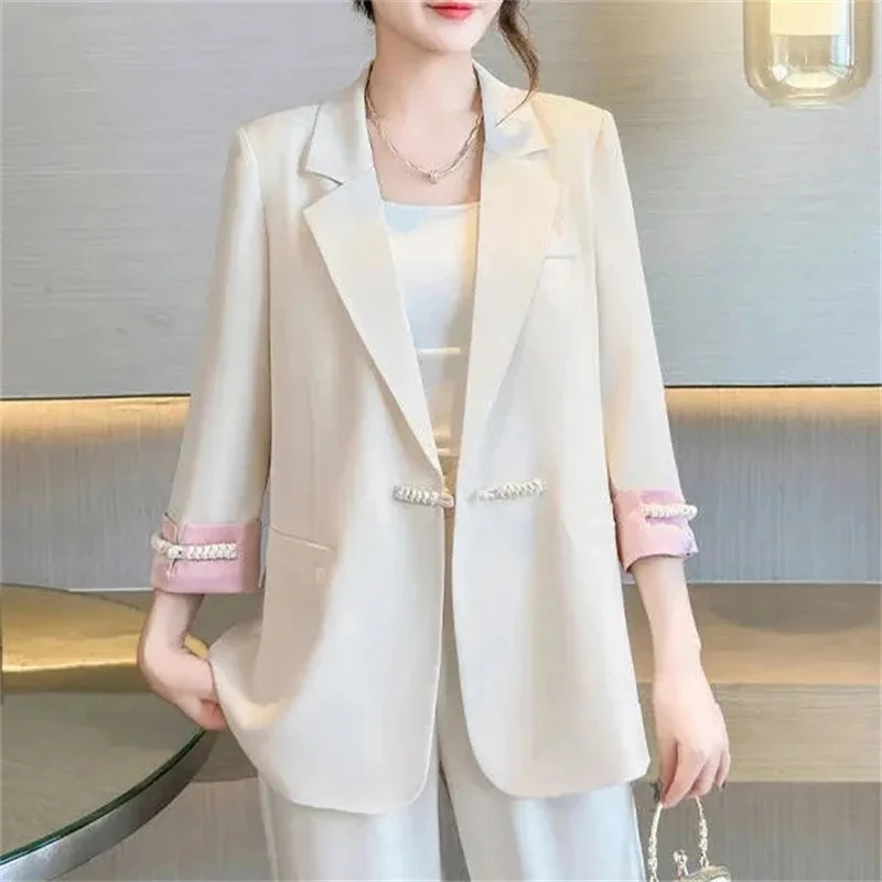 Blazer retrô três quartos de mangas para mulheres, terno justo para senhoras, jaqueta fina, tops casuais, estilo coreano, novo para primavera e verão