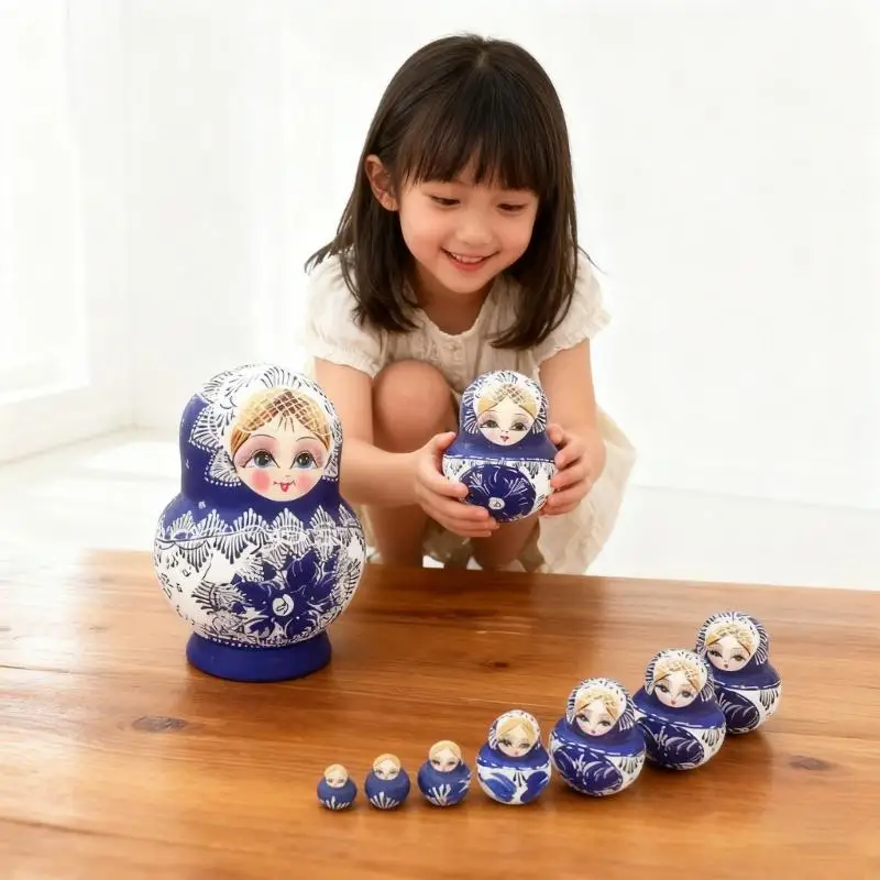 Russische Stapelpop 10st Handwerk Houten Matroesjka Speelgoed met Traditioneel Blauw en Wit Porselein Patroon F19F