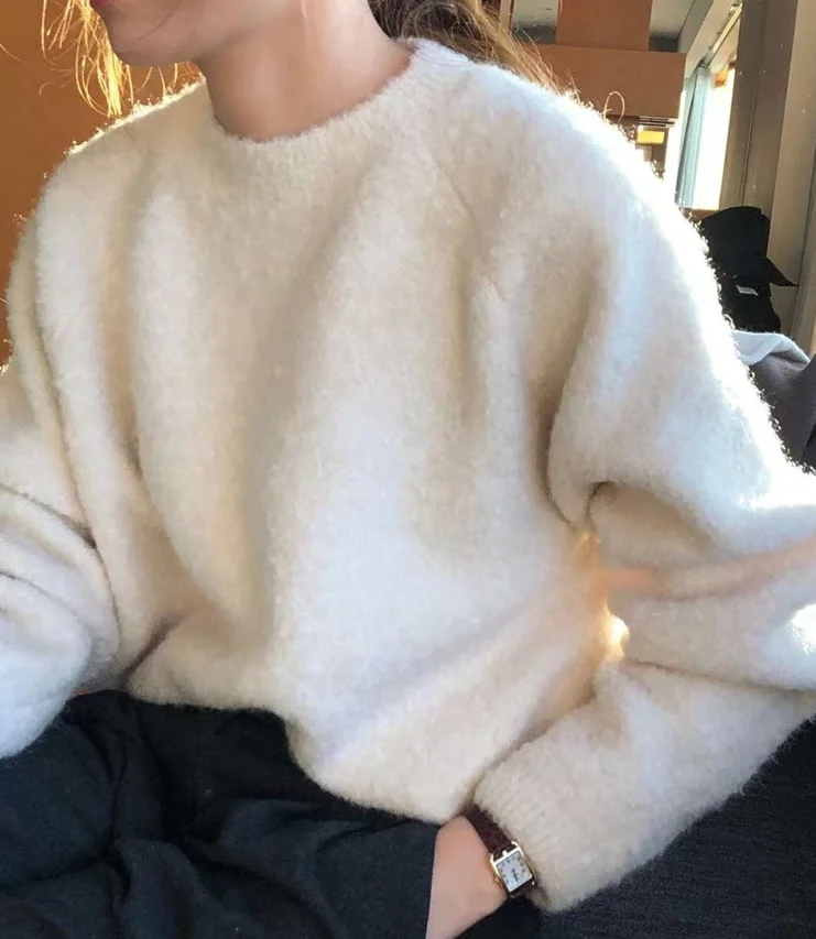 

Удобный эластичный вязаный свитер Long Sve Pure Color Lazy Sle, свободный крой, осень-зима, женский модный повседневный круглый Ne