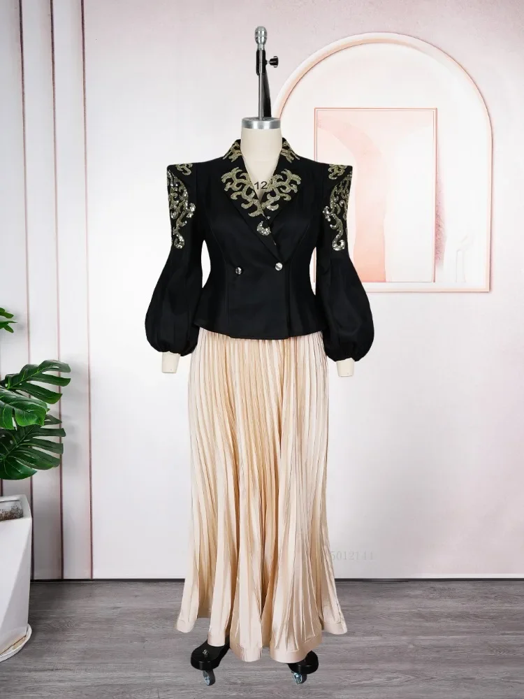 

African Dress For Woman Embroidered Blazer Puff Sleeves Pleated Maxi Dress Elegant Wedding Party Plus Size Gown Africa Clothing