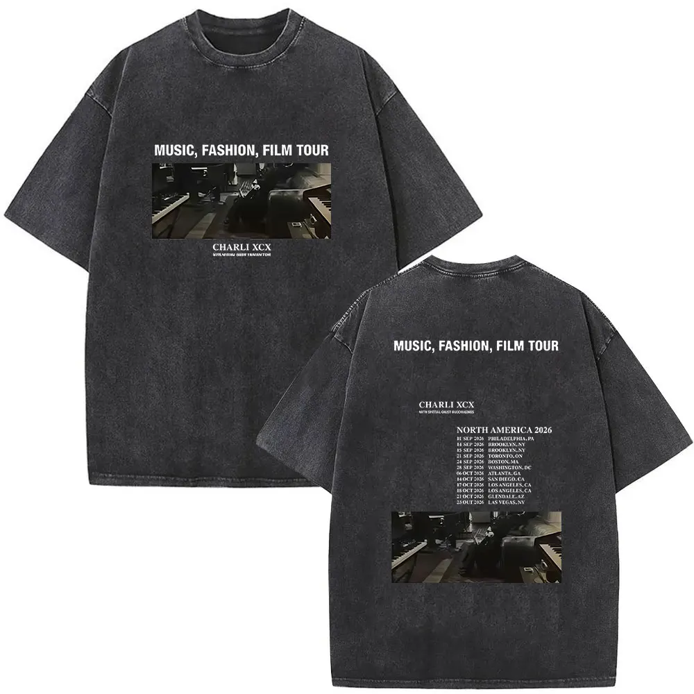 Charli XCX Music Fashion Film Tour 2026 Vintage Washed T Shirts Men Women Aesthetic Clothing Loose Hip Hop Short Sleeve T-shirt