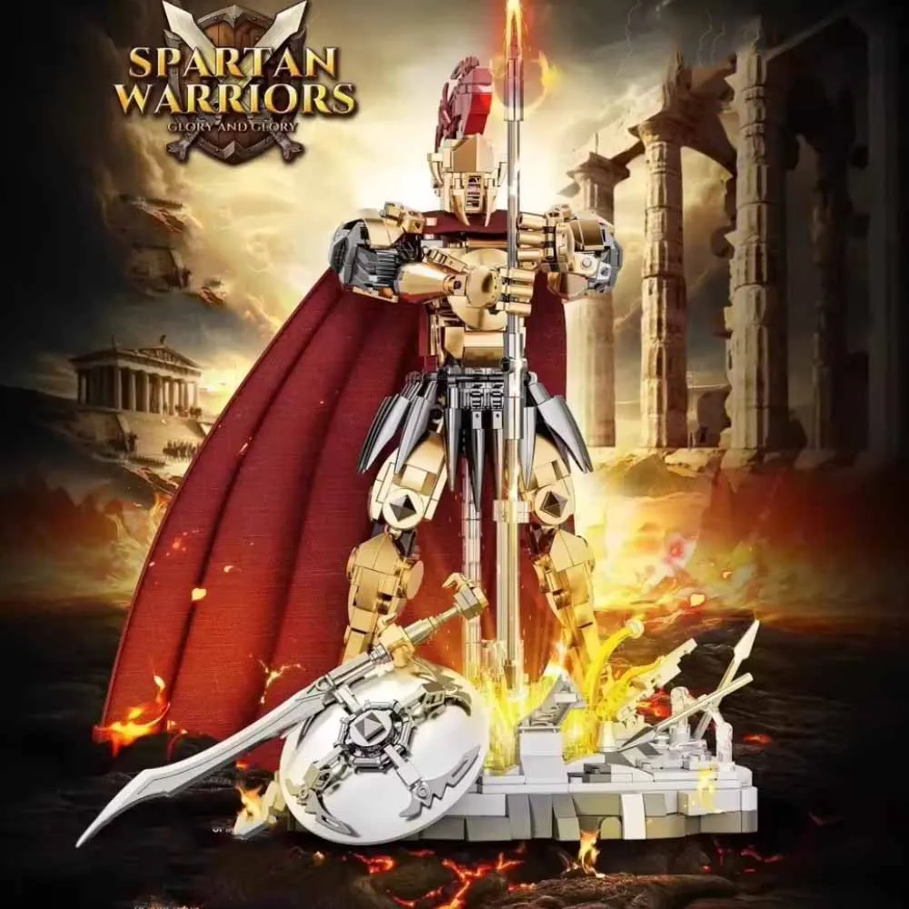 Image of Antiker griechischer Spartaner-Krieger Mecha-Figur Baustein-Set, MOC-Bausteine-Modell mit Speer, Schild und rotem Umhang, Mittelalterlicher Römer-Soldat DIY-Montage-Display-Spielzeug Sammlerstück