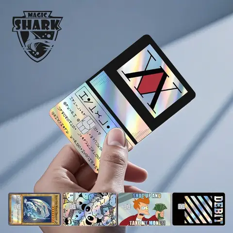 Tiburón mágico calavera Panda cazador roto ojos azules dragón láser pegatina holográfica cubierta película piel para tarjeta de débito de banco de crédito