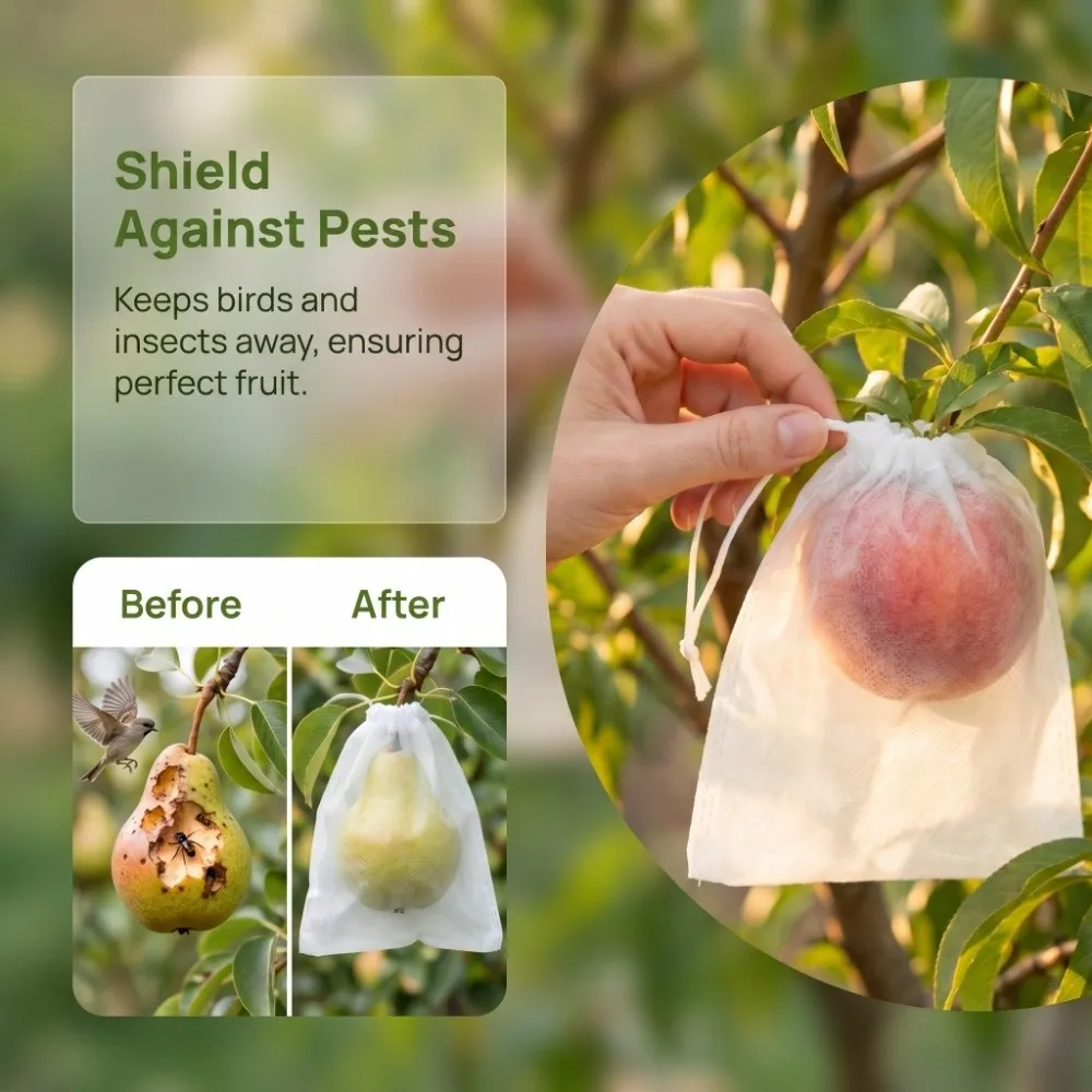 100Pcs Breathable Fruit Protection Bags Hidden Drawstring Insect-Proof Pest Control Net Set Non-woven Fabric Anti-Bird