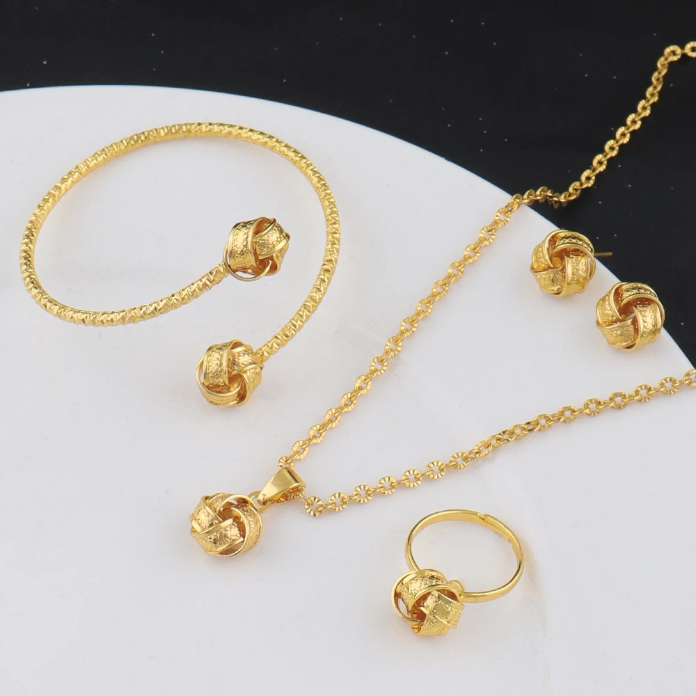

Gold Color Alloy Metal Twist Lucky Knot Earrings Necklace Bracelet Ring Set for Girls Trendy Geometric Vintage Jewelry