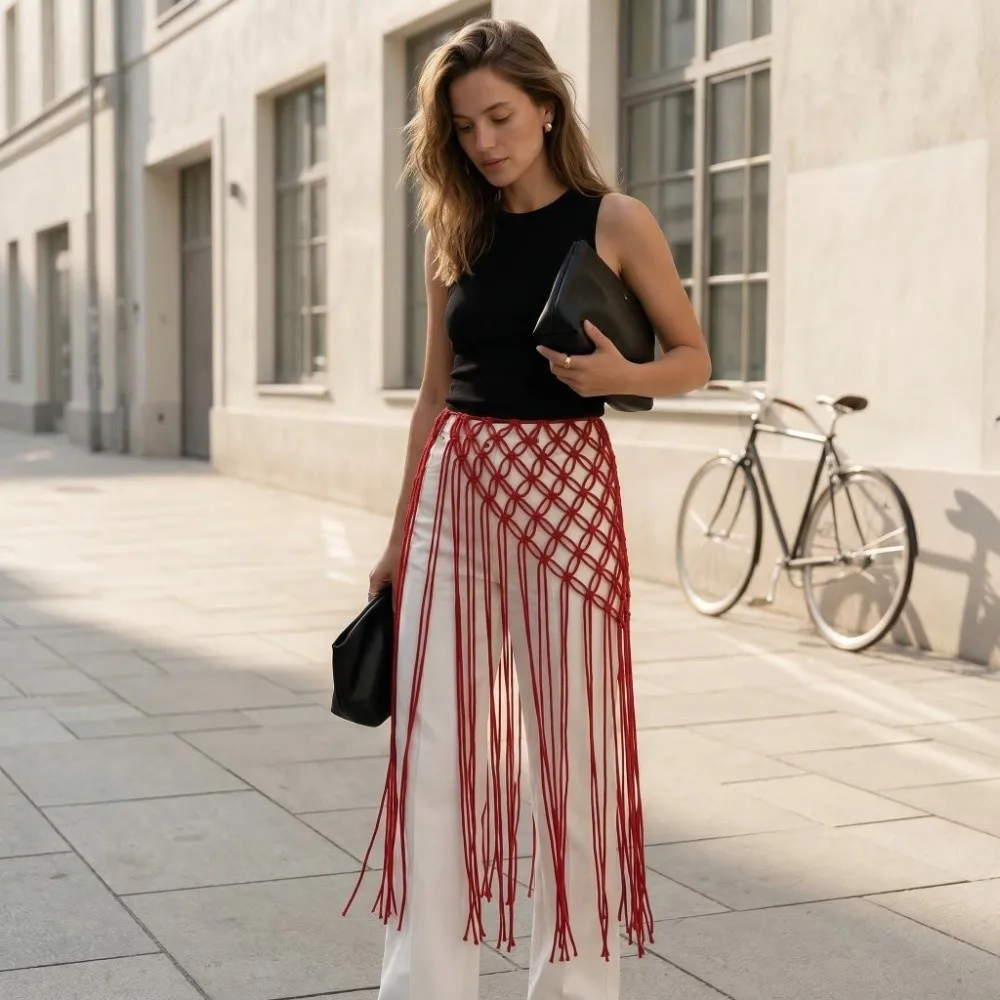 Vintage Handwoven Mesh Tassel Waist Belt Ethnic Ancient Woven Waist Decoration Adjustable Versatile Belted Skirt Denim Pants