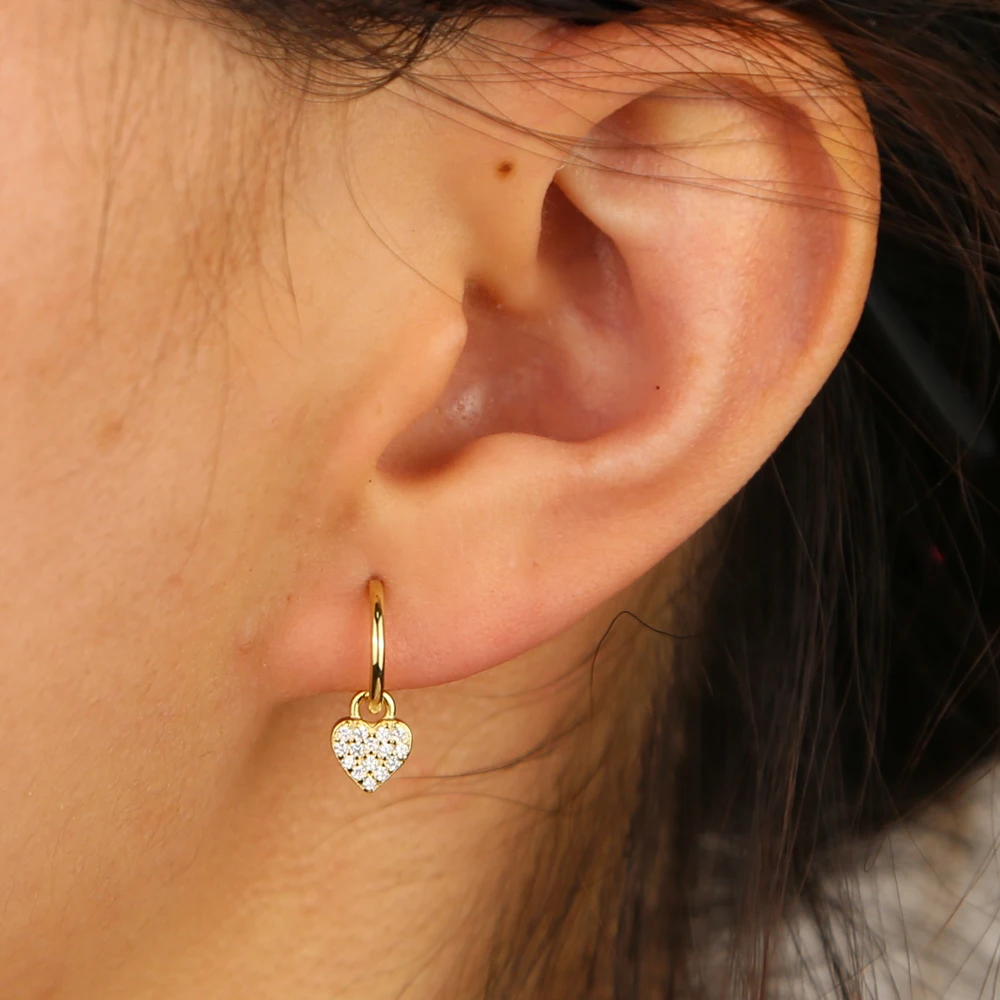 

100 % Sterling Silver Gold Plated J Shape Heart Love Charm Stud Earrings Iced Out Paved Cubic Zircon Hip Hop Women Gift Jewelry