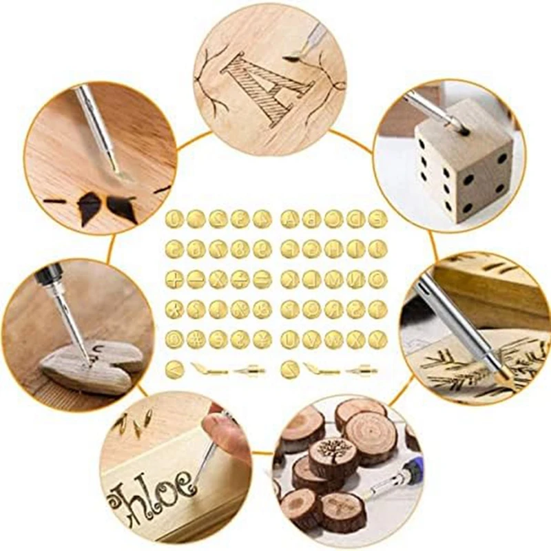 56 ピース木材燃焼チップセットレター木材燃焼ツールゴールド真鍮 DIY エンボス彫刻クラフト木材燃焼
