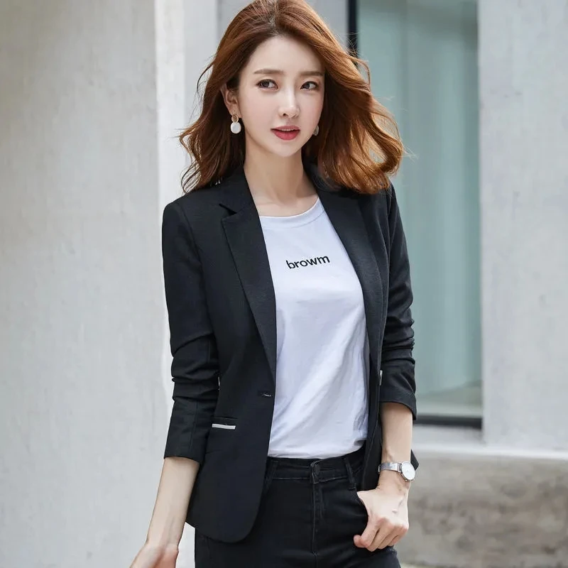 Black Women Blazer Formal Slim Blazers Lady Office Work Suit Pocket Jackets Coat Female Korea Casual Short Blazer Femme