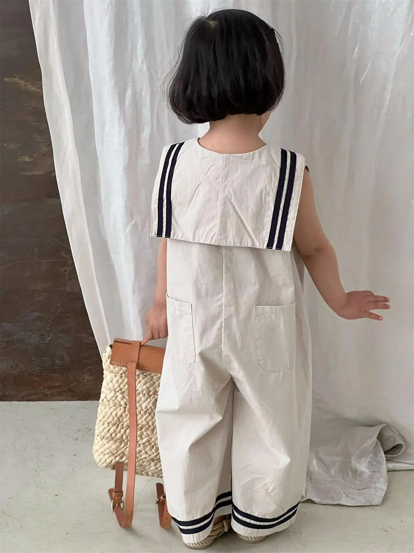 Korean Children\'s Jumpsuit 2023 Summer New Sailor Collar Navy Girl\'s One Piece Clothes Sleeveless Wide-leg Pants