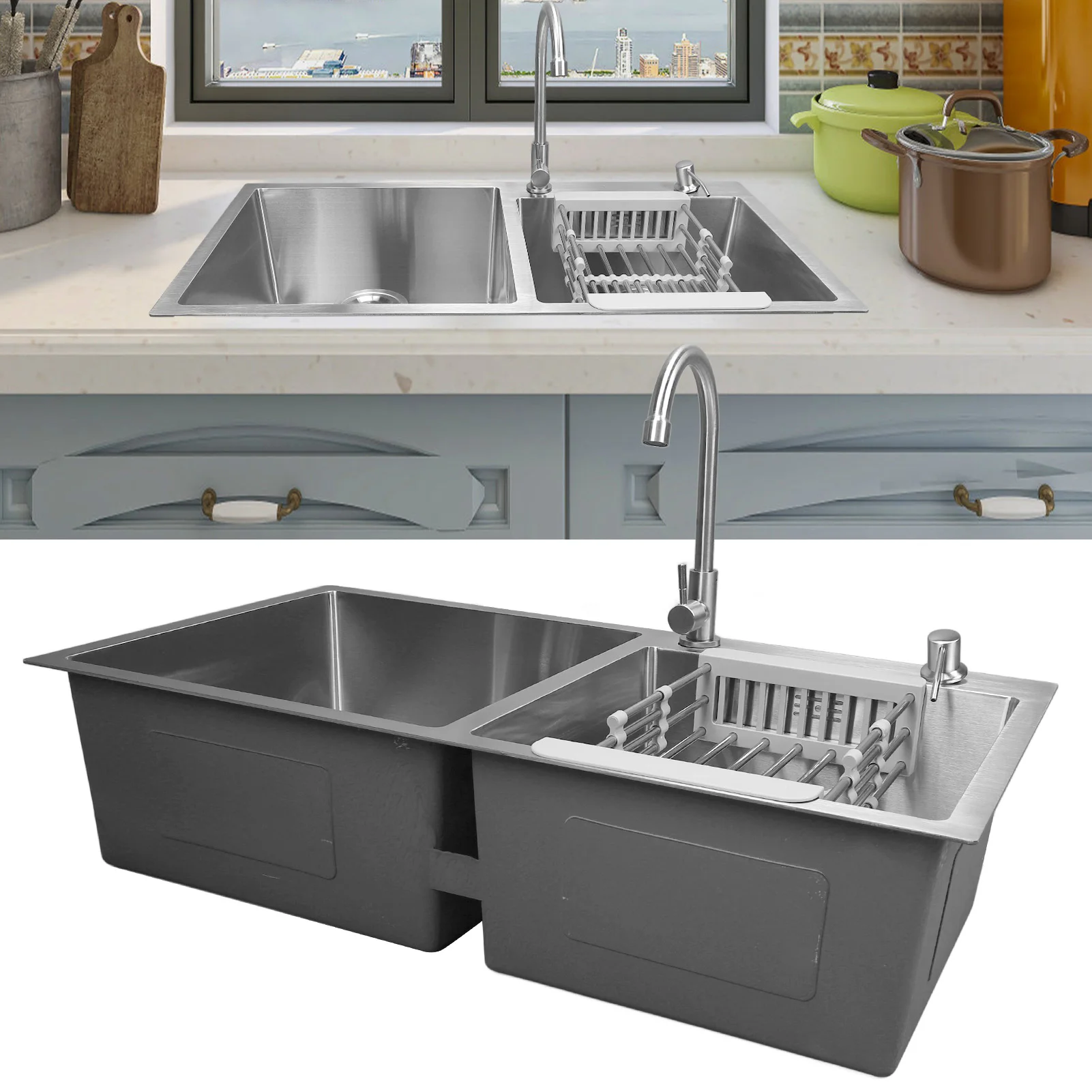

Double Bowl Kitchen Sink Professional Modern Stylish Stainless Steel Kitchen Sink with Faucet and Soap Dispenser for Home Kitche
