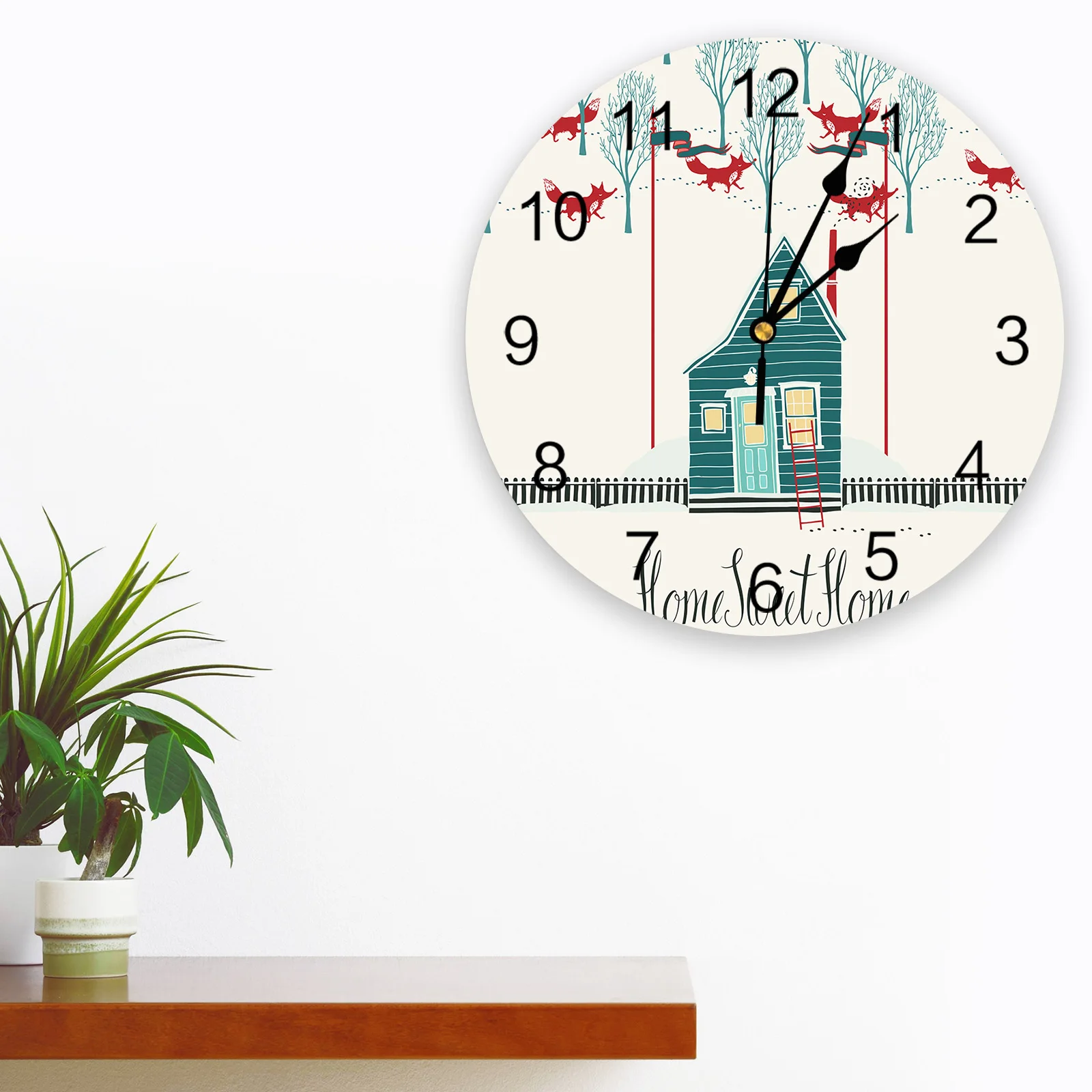 Forest Fox Home Illustration Cartoon Large Wall Clock Dinning Restaurant Cafe Decor Round Wall Clocks Silent Home Decoration