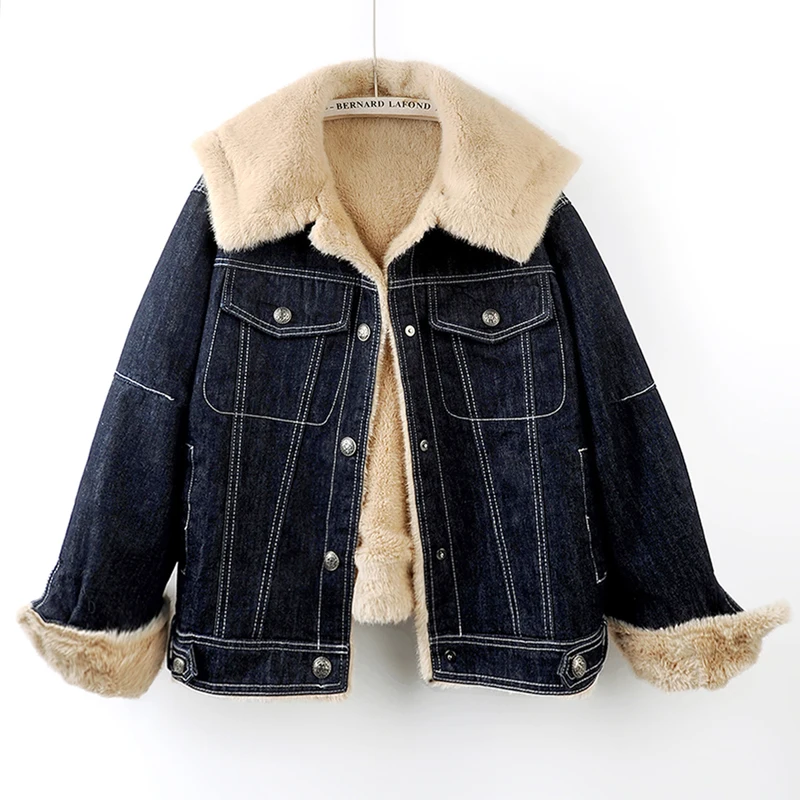 Winter New Women Blue Dark Blue Short Denim Jacket Thick Warm Lambswool Liner Loose Casual Lapel Long Sleeve Cowboy Outerwear