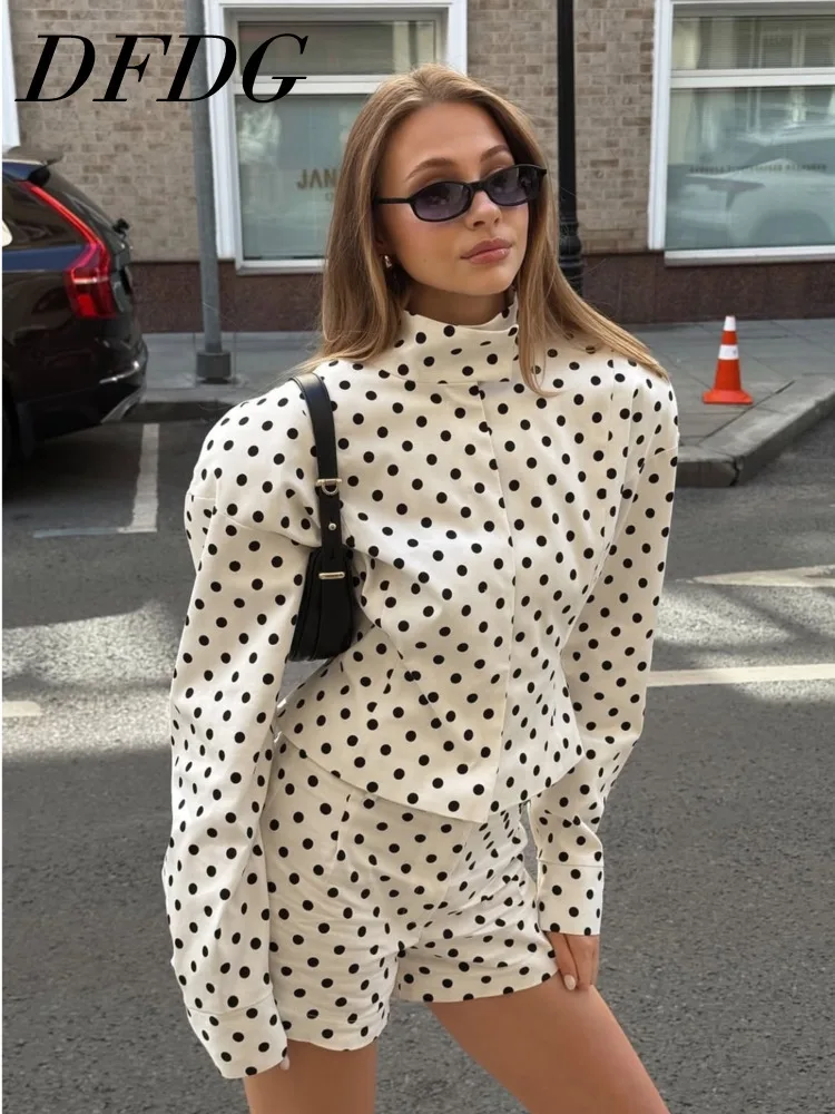 

DFDG Women's Spring Summer Mandarin Collar Polka Dot Fitted Cropped Blazer Shorts Set Casual 2026 Trendy Feminine Fashion Set