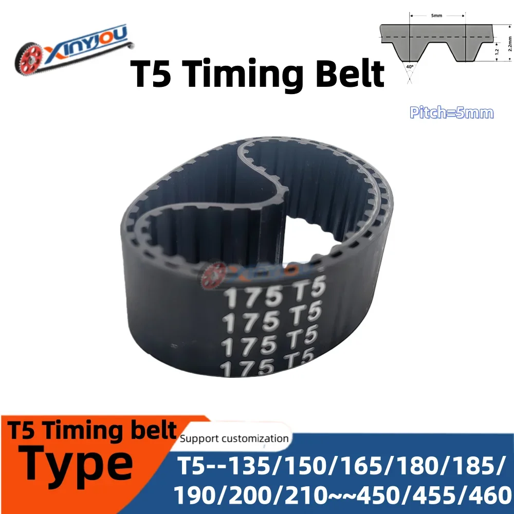 T5 Rubber Timing Belt Tooth Pitch 5mm Belt width 10/15/20/25mm Pitch Length Options 135/150/165/180/185/190/200/210/215~460mm